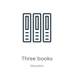 Three books icon. Thin linear three books outline icon isolated on white background from education collection. Line vector sign, symbol for web and mobile