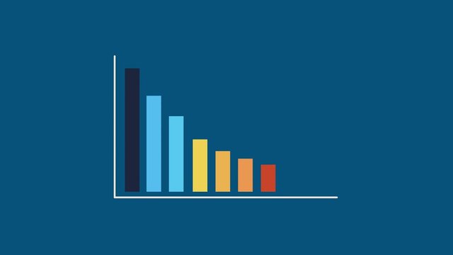 Colorful bars of graph animation fall down with the white annotating rrow on blue background. Chart business concept. Chart animation for presentation