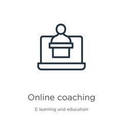 Online coaching icon. Thin linear online coaching outline icon isolated on white background from e learning and education collection. Line vector sign, symbol for web and mobile