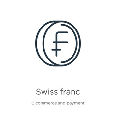 Obraz premium Swiss franc icon. Thin linear swiss franc outline icon isolated on white background from e commerce and payment collection. Line vector sign, symbol for web and mobile