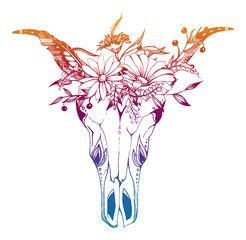 Cow, buffalo, bull skull in tribal style with flowers. Bohemian, boho vector illustration. Wild and free ethnic gypsy symbol.