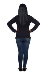 rear view of woman on  white background,, hands on hip