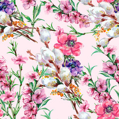 Watercolor spring flowers. Floral seamless pattern on white background.