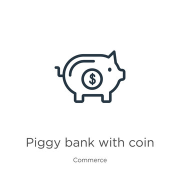 Piggy bank with coin icon. Thin linear piggy bank with coin outline icon isolated on white background from commerce collection. Line vector sign, symbol for web and mobile