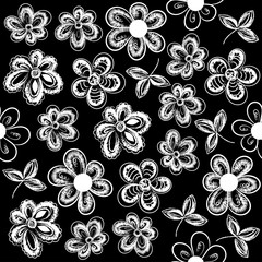 Vector black and white seamless pattern imitation chalk decorative flowers against a black background for design of fabric, textile, wrapping paper, hijab, scarf.