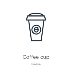 Coffee cup icon. Thin linear coffee cup outline icon isolated on white background from brazilia collection. Line vector sign, symbol for web and mobile