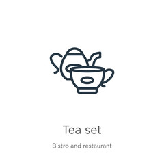 Tea set icon. Thin linear tea set outline icon isolated on white background from bistro and restaurant collection. Line vector sign, symbol for web and mobile