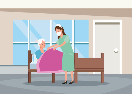 nurse protecting elderly person characters