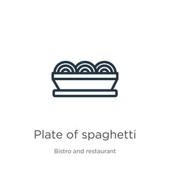 Plate of spaghetti icon. Thin linear plate of spaghetti outline icon isolated on white background from bistro and restaurant collection. Line vector sign, symbol for web and mobile