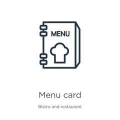 Menu card icon. Thin linear menu card outline icon isolated on white background from bistro and restaurant collection. Line vector sign, symbol for web and mobile