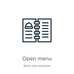 Open menu icon. Thin linear open menu outline icon isolated on white background from bistro and restaurant collection. Line vector sign, symbol for web and mobile