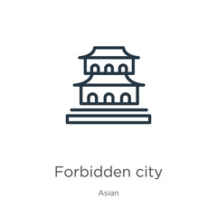 Naklejka premium Forbidden city icon. Thin linear forbidden city outline icon isolated on white background from asian collection. Line vector sign, symbol for web and mobile