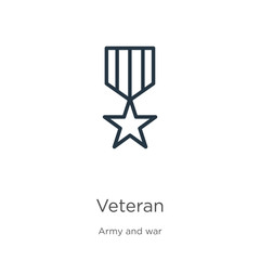 Veteran icon. Thin linear veteran outline icon isolated on white background from army and war collection. Line vector sign, symbol for web and mobile - obrazy, fototapety, plakaty