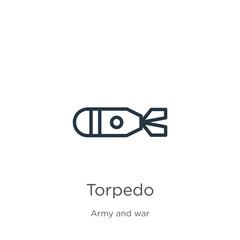 Torpedo icon. Thin linear torpedo outline icon isolated on white background from army and war collection. Line vector sign, symbol for web and mobile