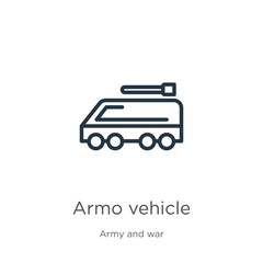 Armored vehicle icon. Thin linear armored vehicle outline icon isolated on white background from army and war collection. Line vector sign, symbol for web and mobile