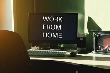 Home office workplace. Text Work from home. Freelance, work at home or quarantine concept.