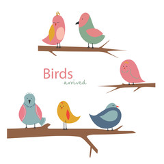 Birds arrived. Birds sitting on the branches. Vector illustration.