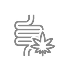 Human intestine with marijuana leaf line icon. Cannabis treatment, anesthesia symbol