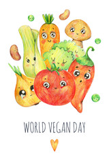 World vegan day greeting card. Hand drawn kawaii vegetables. Cute food illustration. Cartoon leek, champignon, carrot, pepper, peas, tomato, onion with cute faces. Isolated on the white. Eat healthy. 