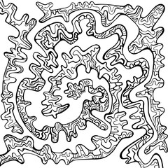 Coloring page abstract pattern, maze line art ornaments. Psychedelic stylish card.