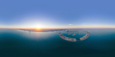 360 panorama by 180 degrees angle seamless panorama of aerial view of The Palm Jumeirah Island, Dubai Downtown skyline, UAE. Financial district and business area in urban city. Skyscraper buildings.