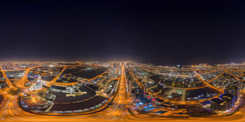 Little planet 360 degree sphere. Panorama of aerial view of Dubai Downtown skyline and highway,...