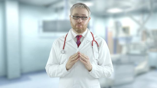 Hesitating doctor spreads his hands in the modern hospital. Shot on Red camera