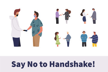 Young people do not handshake with each other. Not contact. Precautions and prevention of coronavirus disease. Warning, dangerous infection on hands. Flat cartoon colorful vector illustration.