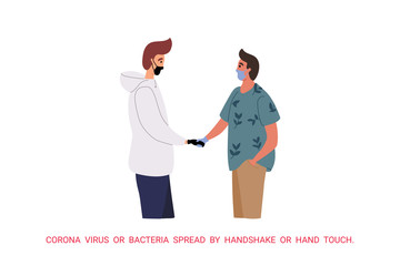 Young people handshake with medical gloves. Precautions and prevention of coronavirus disease. Warning, dangerous infection on hands. Flat cartoon colorful vector illustration.