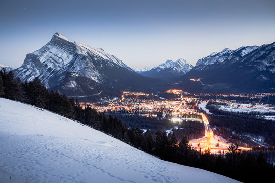 Night in the town of Banff, Banff National Park, Canadian Rockies, Alberta, Canada