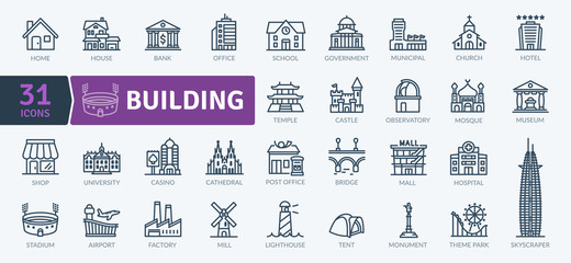 Building Icons Pack. Thin line architecture icons set. Flaticon collection set. Simple vector icons