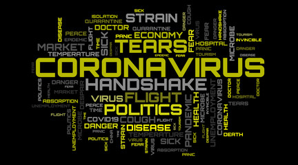 Yellow virus word collage concept on black background