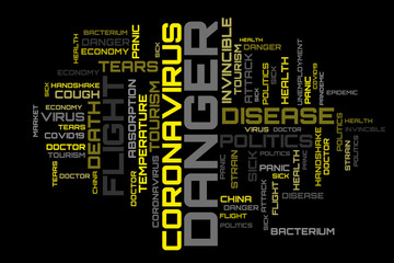 Yellow virus topic word collage concept on black background