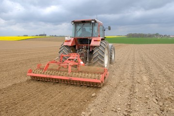 Semis de betterave, travail du sol,  passage d'une herse rotative
