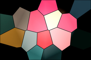 Seamless pattern of Pentagonal shapes with beautiful colours, each shapes divided with a black colour boarders. The colours of these boarders are read, white, blue, purple, green, orange, violet.