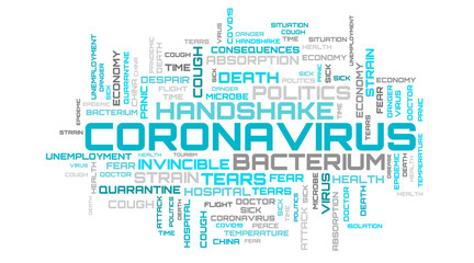 Fototapeta na wymiar Turquoise coronavirus concept word cloud backdrop