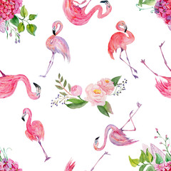 Watercolor seamless pattern of flamingo, for wedding cards, romantic prints, fabrics, textiles and scrapbooking.