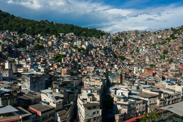 Aerial view of Rocinha favela at the foot of the hill in Sao Conrado Brazil