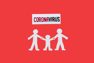 top view of paper family with holding hands warning near coronavirus lettering isolated on red