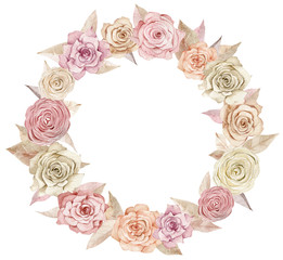 Pale pink garden flowers wreath. Watercolor blush rose greeting card template. Pink and beige roses circle frame.