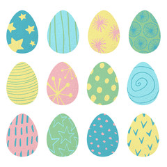 Vector set of colorful and funny Easter eggs with abstract elements on them isolated on white background.