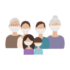 Family in medical masks. Vector illustration of coronavirus isolated on a white background. Mom, dad, grandmother, grandfather, children.