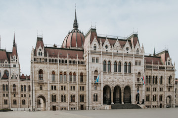 Fototapeta na wymiar World pandemic Budapest city, quarantine covid-19 capital of Parliament Building. Empty Budapest during Corona virus (Covid-19)