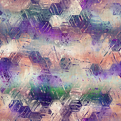 Seamless purple and peach ombre fade painterly watercolor wash hexagon tile pattern graphic design. Seamless repeat raster jpg pattern swatch.