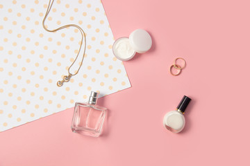 Blogging Beauty Concept. Flat lay, social networks. View from above. Women's fashion accessories on a pink background.