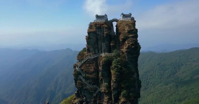 4K Drone view of Mount Fanjingshan, New Golden Summit, Tongren, Guizhou Province, China.