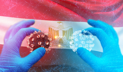 Medical molecular conceptwith backgroung of waving national flag of Egypt. Pandemic 3D illustration.