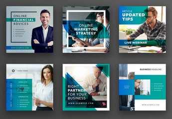 Social Media Post Layout Set with Blue and Teal Overlay Elements