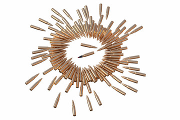 Golden bullets AK-47 cartridges laying on the white background in shape of circle. Danger hunt firearm concept 3d illustration