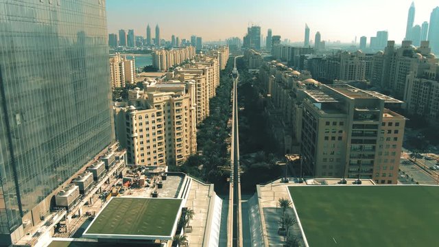 Aerial view of monorail and residential buildings on the Palm Jumeirah island, United Arab Emirates